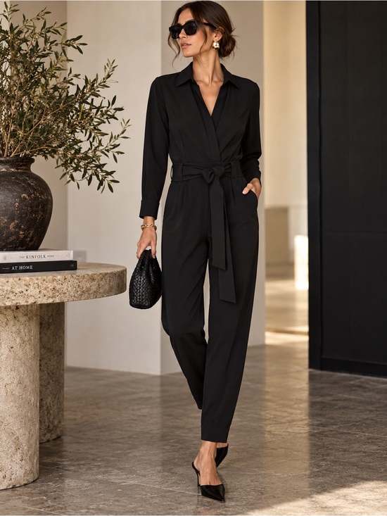 Brochu Walker Pants - Brochu Walker Anze Black Belted Jumpsuit Tapered Leg Designer Size Medium
